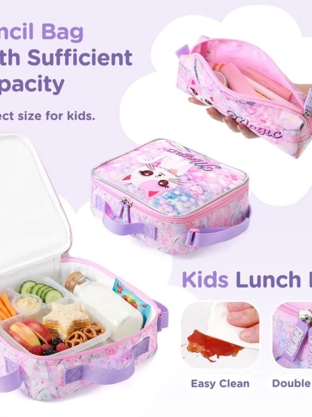 Pink and Purple 3-in-1 Cat School Backpack Set for Girls WE5